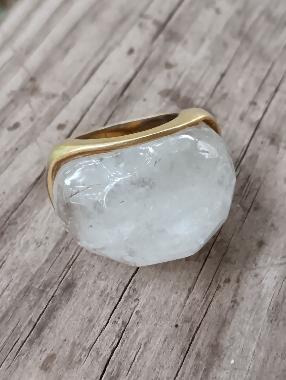 Vintage GLOW BY SHEILA FAJL Gold Statement Clear Faced Quartz Ring 6 1/2
